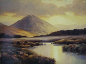 oil painting of mount errigal and the sunrise over the bog county donegal