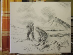 photo of canvas with figures and errigal sketched in with charcoal