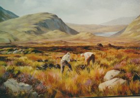 oil painting of two men stacking turf lough altan in the distance by hamilton sloan