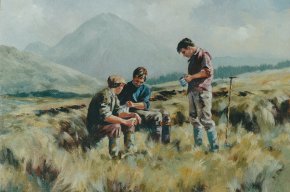 painting of three turf cutters having tea on the bog with mount errigal in the background by hamilton sloan
