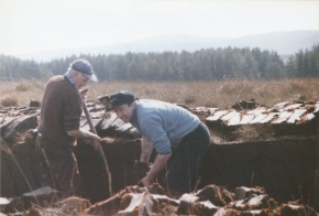 two members of the Boyle family cutting turf