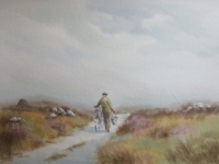traditional irish watercolour painting by hamilton sloan of a man with a bicycle carrying a bucket of water on a country lane leading through a donegal bog